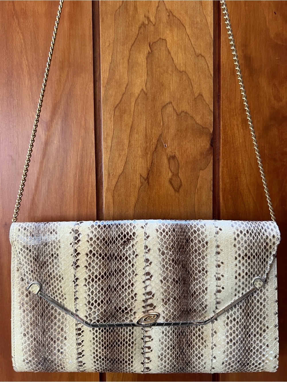 VTG Esteve Genuine Python Snakeskin Envelope Clutch Shoulder Bag Gold Chain 80’s